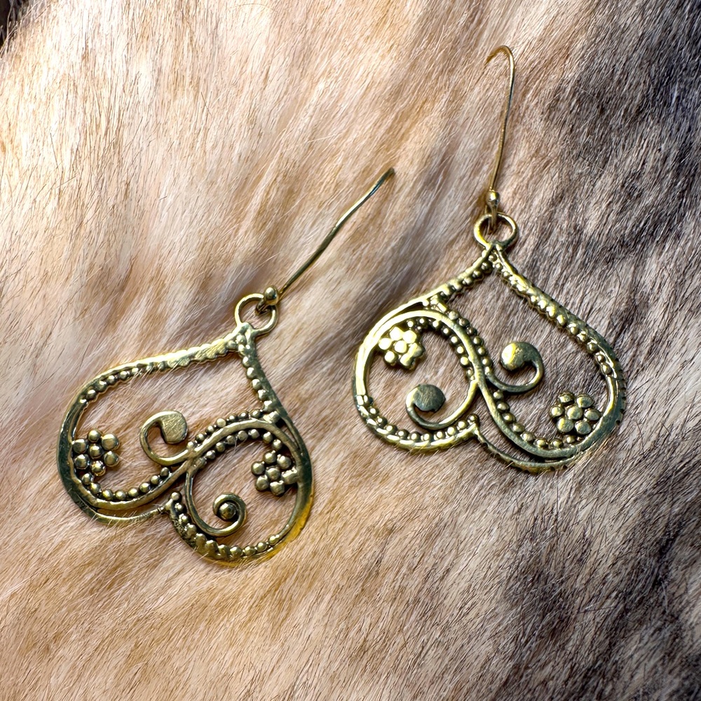 Solid Brass Balinesian Flourish Drop Dangle Earrings